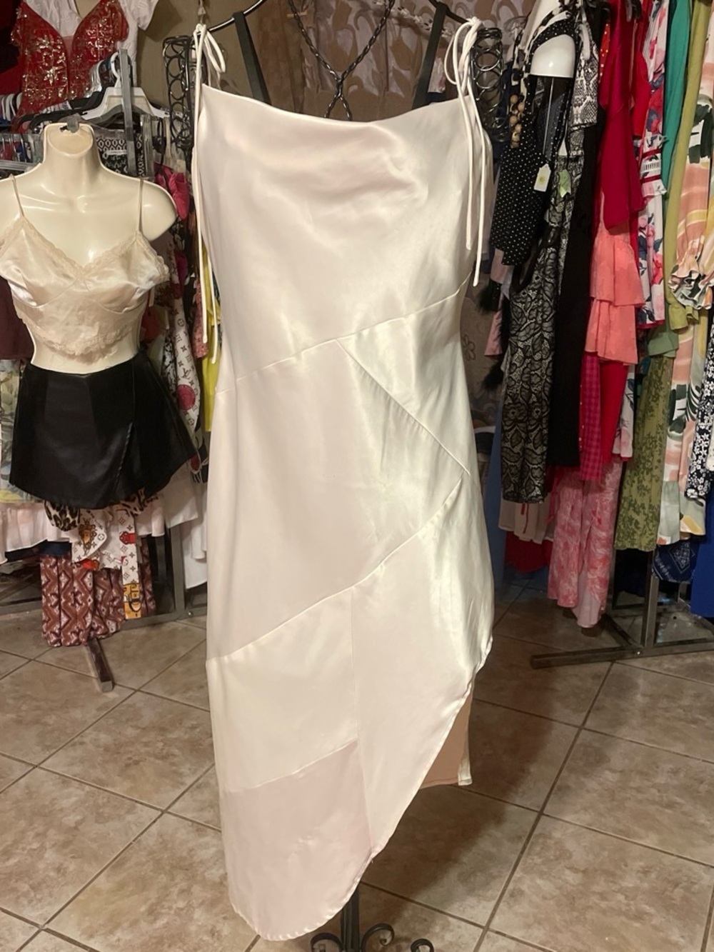 Asymmetrical Ivory Slip Dress with Tie Straps
